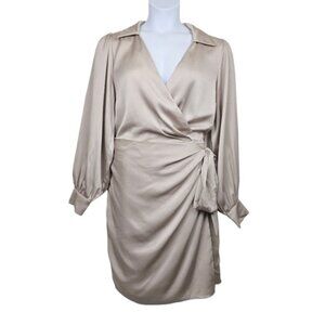 City Chic Womens Long Sleeve Taupe Silky Satin Faux Wrap Mini Dress Size 16 NWT